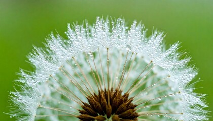Delicate dandelion seed head, glistening with morning dew drops, in soft focus against a blurred green background.