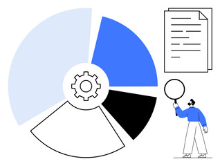 Pie chart with segmented sections, gear icon in center, document and a man analyzing with magnifying glass. Ideal for data analysis, optimization, reports, strategy, productivity, business insights