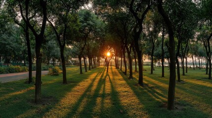 Obraz premium Golden sunlight streams through a park lined with trees.