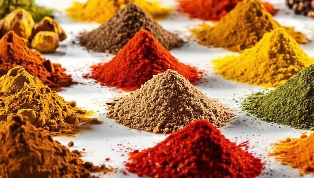 Assorted mounds of colorful spices arranged neatly on a white surface for a culinary display
