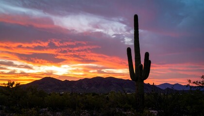 A magnificent saguaro cactus stands silhouetted against a vibrant sunset over a mountain range, showcasing a breathtaking display of colors in the sky.