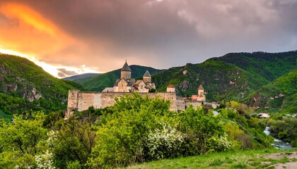 Fototapeta premium A stunning view of a historic monastery nestled within lush, green mountains at golden hour.