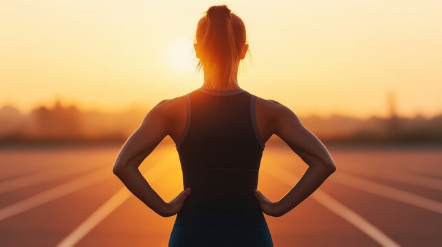 Rear view of a sportswoman resting with hands on hips, enjoying a moment of relaxation after training on the running track at sunset