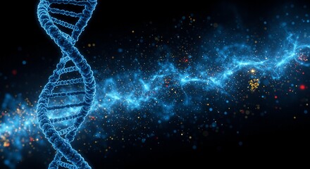 Glowing Blue DNA Helix Against Sparkling Cosmic Background