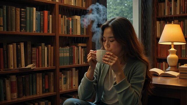 Young woman finds cozy comfort enjoying warm beverage amidst vintage library shelves on a rainy day - Powered by Adobe