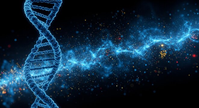 Glowing Blue DNA Helix Against Sparkling Cosmic Background