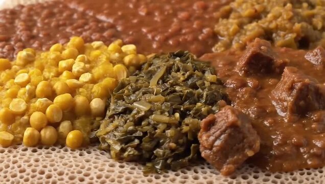 Close up of injera flatbread topped with lentils, peas, greens, and meat stew on a round platter