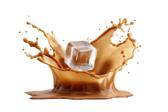 Ice cube splashing into a liquid, likely coffee or mocha