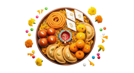 Traditional Indian sweets ladoo gujiya jalebi barfi gulab jamun and diya on festive plate with marigold flowers and colorful candies symbolizing celebration and joy