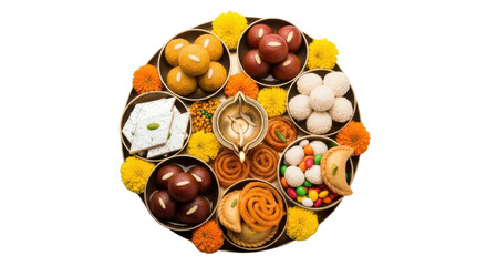 Traditional Indian sweets arranged in round tray with marigold flowers, including ladoo, gulab jamun, barfi, jalebi, and festive snacks, creating vibrant and joyful celebration display