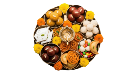 Traditional Indian sweets arranged in round tray with marigold flowers, including ladoo, gulab jamun, barfi, jalebi, and festive snacks, creating vibrant and joyful celebration display