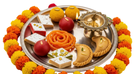 Traditional Indian sweets, colorful marigold flowers, and decorative oil lamp arranged on silver plate create festive and joyful atmosphere for celebration or religious rituals