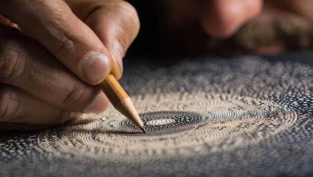 Close-up of a hand meticulously detailing a complex, circular, intricate pattern on a dark surface using a sharpened pencil
