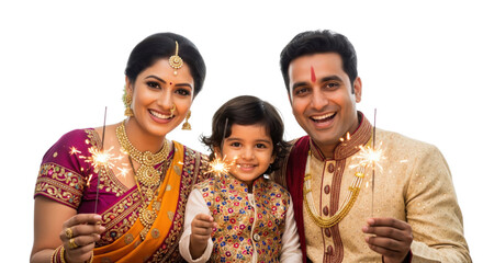 Smiling Indian family in traditional clothing holding sparklers, celebrating festival with joy and happiness, vibrant colors, festive mood, cultural tradition, togetherness