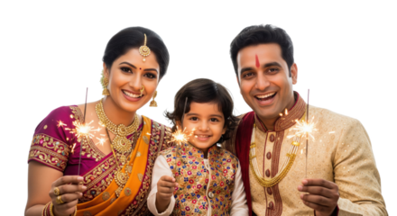 Smiling Indian family in traditional clothing holding sparklers, celebrating festival with joy and happiness, vibrant colors, festive mood, cultural tradition, togetherness