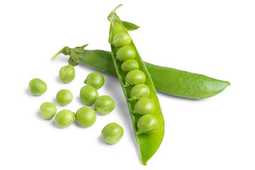 Open green pea pod with individual peas scattered around, isolated on white, transparent background. Image ideal for food designs, healthy lifestyle, and organic products legume, crop, food ingredient