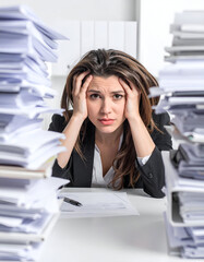 Stressed businesswoman overwhelmed by piles of office paperwork, with hands on her head in frustration and exhaustion.