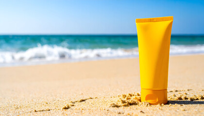Yellow sunscreen bottle standing on a sunny sandy beach with blue ocean and sky, symbolizing summer sun protection and seaside holiday.