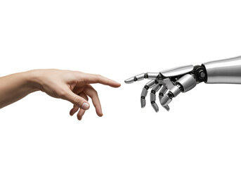 Symbolic connection between human touch and advanced artificial intelligence, reflecting the evolving future of humanity and technology's embrace.