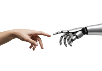 Symbolic connection between human touch and advanced artificial intelligence, reflecting the evolving future of humanity and technology's embrace.