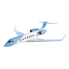 Private jet luxury airplane business aircraft white fuselage blue accents modern design isolated travel aviation transportation sleek style. Private jet with blue and white color scheme modern