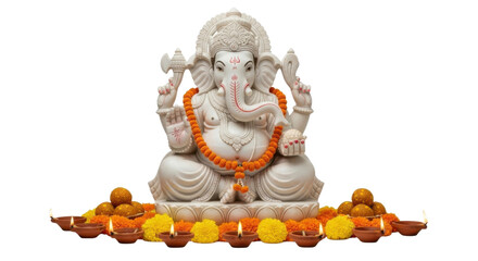 Fototapeta premium White marble Ganesha statue with orange marigold garland, surrounded by traditional oil lamps, yellow and orange flowers, and sweets, symbolizing prosperity and devotion