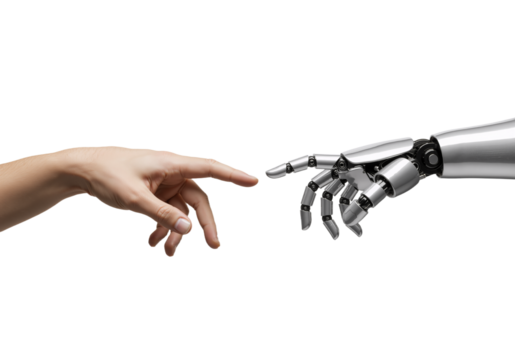 Symbolic connection between human touch and advanced artificial intelligence, reflecting the evolving future of humanity and technology's embrace.