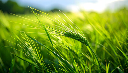 Vibrant green wheat ear illuminated by golden sun in a lush field. Symbolizes nature, growth, agriculture, and organic food.