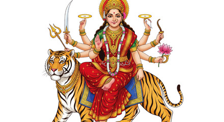 Obraz premium Hindu goddess Durga sitting on tiger adorned in red saree holding trident sword lotus and conch with multiple arms traditional jewelry and serene expression symbolizing power and protection