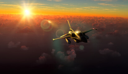 Militar aircraft flying over the amazing sunset.
