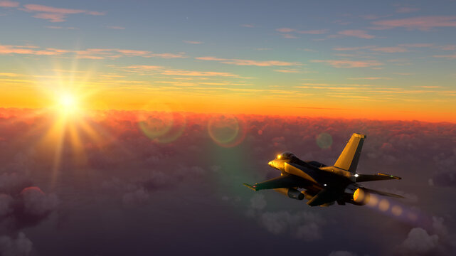 Militar aircraft flying over the amazing sunset.