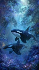 Fototapeta premium Beautiful fantasy scenery and killer whales