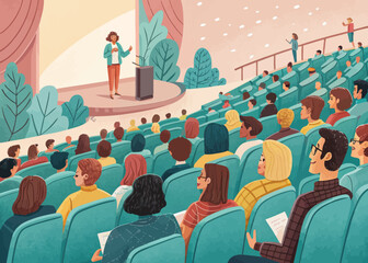 A large auditorium filled with people sitting in tiered seating facing a stage in a vector illustration format design file