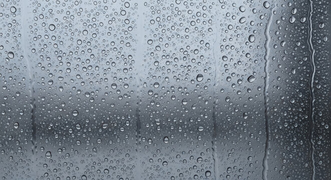 A close up shot of raindrops on a window with a blurred background in gray and white tones outdoors