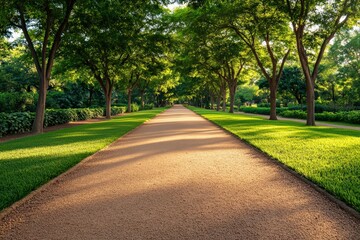 Fototapeta premium Gravel path winding through lush trees and vibrant grass creates a serene atmosphere in a peaceful park on a sunny summer day