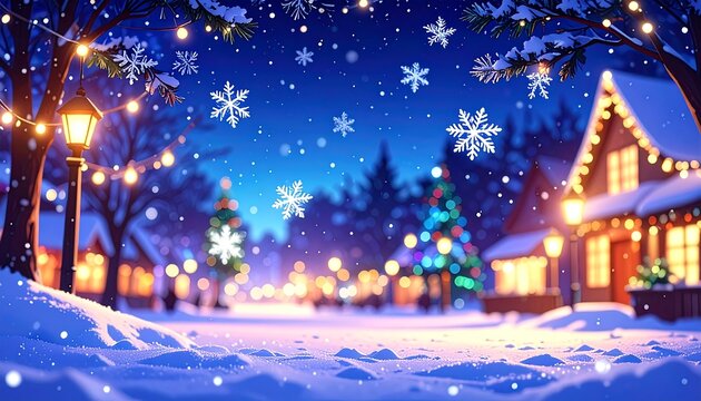 A charming, snow-covered village street at night, illuminated by warm holiday lights and falling snowflakes, evokes a festive and serene mood. - Powered by Adobe