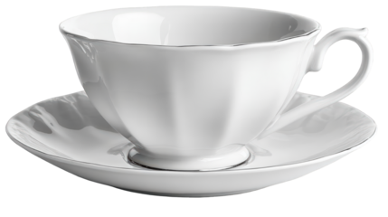 Elegant White Porcelain Tea Cup and Saucer with Silver Trim.