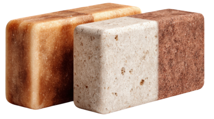 Two textured rectangular blocks one smooth reddish-brown the other split with porous beige and red sections.