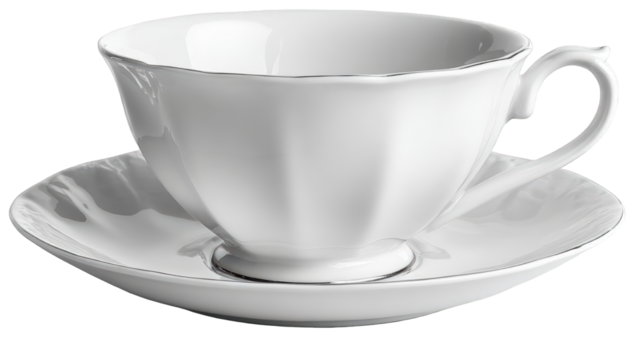 Elegant White Porcelain Tea Cup and Saucer with Silver Trim.