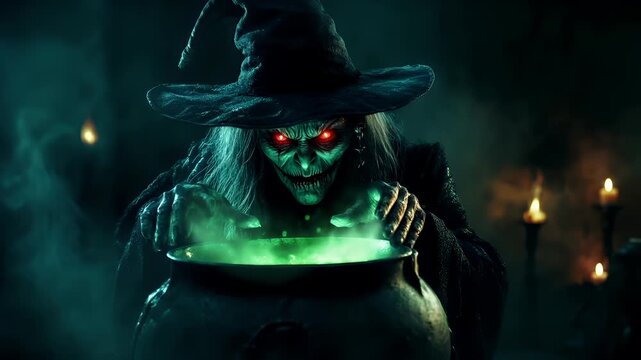 Witch stirring green potion in a cauldron with a sinister grin and red eyes.