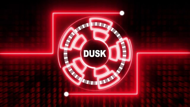 Futuristic Neon Red HUD Circle with DUSK Text and Digital Data Stream technology - Powered by Adobe