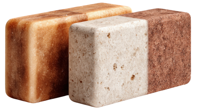 Two textured rectangular blocks one smooth reddish-brown the other split with porous beige and red sections.
