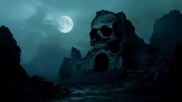 A dark, atmospheric, and atmospheric digital artwork featuring a haunting castle with a skull as its entrance. The castles architecture is reminiscent of ancient stone structures.