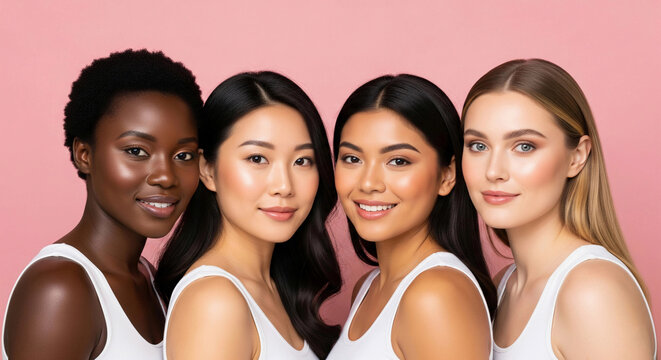 A beautiful and diverse group of four women from different ethnicities stand together and smile, representing beauty, diversity, friendship, and sisterhood. Ideal for skincare, beauty, and social camp