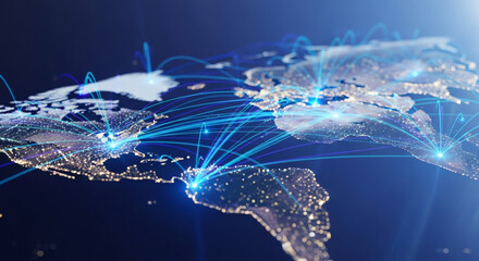 A stylized world map showing global connections with bright blue lines and illuminated city lights