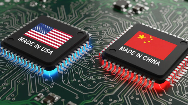 Flag of USA and China on a processor, CPU or GPU microchip on a motherboard. US companies have become the latest collateral damage in US - China tech war. US limits, restricts AI chips sales to China.