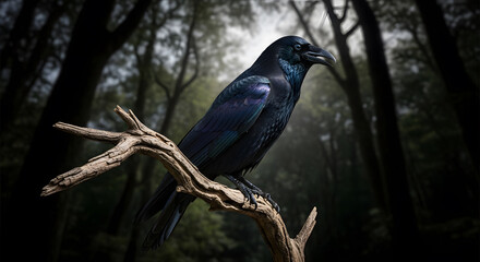 Naklejka premium Crow perched on a dry branch: iridescent feathers shining in the moonlight, dense forest background, piercing gaze, sense of foreboding.