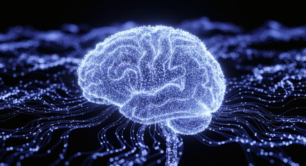 Glowing blue brain with connected dots and lines representing artificial intelligence and neural networks
