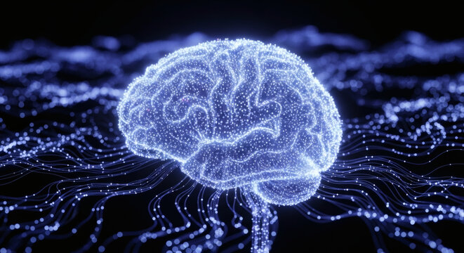 Glowing blue brain with connected dots and lines representing artificial intelligence and neural networks