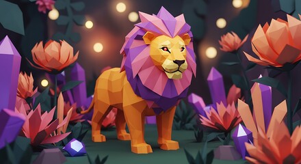 Naklejka premium Low Poly Lion Standing Amidst Flowers and Crystals